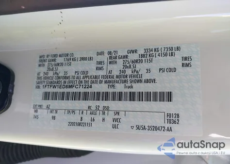 2021 Ford F-150 Platinum z USA, uszkodzony, nr VIN 1FTFW1ED8MFC71224